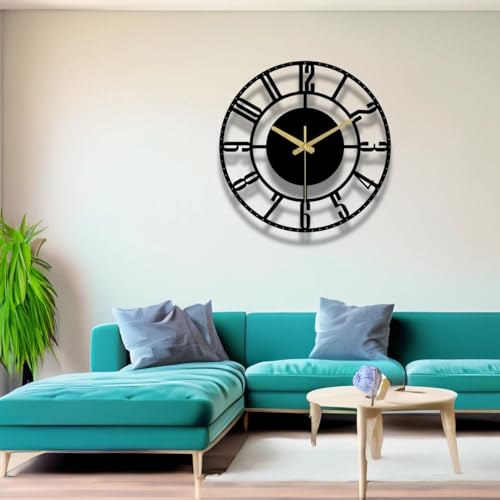 Image of Designer Metal Wall Clock for Living Room | Antique Stylish Fancy Decorative Big Size Wall Watch for Bedroom, Office, Kitchen, Dining, Hall and Decor (Black(ST-12), 50CM)