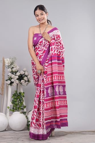 Image of Crafts Moda Pure Cotton Floral Print Saree with Blouse for Women