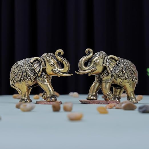 Brass Antique Elephant Pair Set of 2 for Home Décor | Antique Golden Finish Decorative Elephant Figurines | Tabletop Showpiece for Living Room, Office & Gift | 3 Inch-image-31