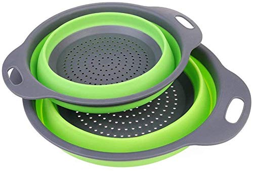 Collapsible Colanders with Handles (2 Pc. Set) Round Kitchen Sink Strainers | Heat-Resistant Silicone | Stackable, Space-Saving Design | Pasta, Vegetables, Hot Water (Green)