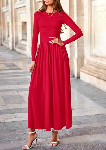 Image of PRETTYGARDEN Women's 2025 Fashion Trendy Fall Long Sleeve Dresses Ruched Flowy Elegant Modest Boho Casual Beach Maxi Dress