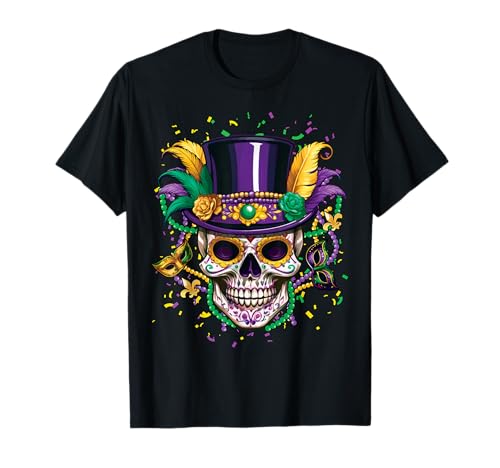 Dia De Los Muertos Sugarskull Bead Mardi Festival Mardi Gras Maglietta