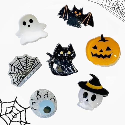 7PCS Mini Halloween Hair Claw Clips for Girls Pumpkin Spider Web Bat Ghost Cat Eyeball Hat Designs Hair Clips Cute Halloween Styling Hair Accessories
