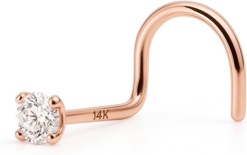 14k Solid Gold Nose Screw Nose Piercing, 2mm Micro Size Genuine Diamond, 5/16 Inch Length, 22 Gauge Thin Nose Ring