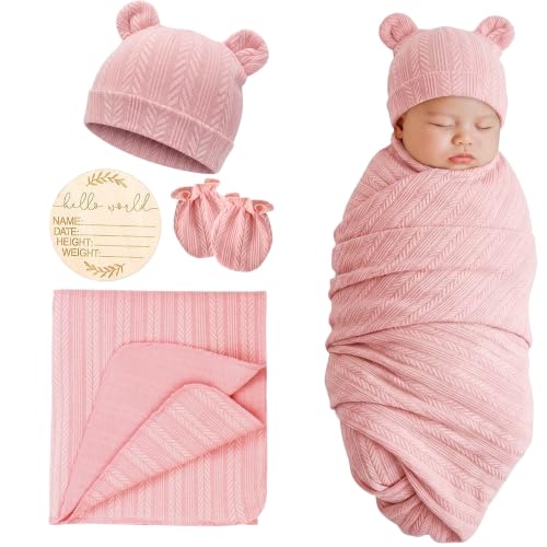Image of DRESHOW BQUBO Newborn Receiving Blankets for Baby Girl Boy Swaddle with Bear Hat No Scratch Mittens Announcement Card Set for 0-3 Months