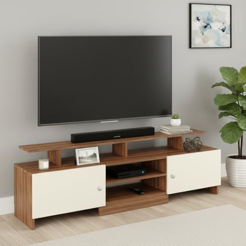 Image of FURNEASER KSV Modern TV Unit for Living Room | Engineered Wood TV Cabinet with Storage Shelves | Entertainment Center TV Stand for Home (Fits Up to 65 Inch TV) | DIY Space Saving (Exotic Teak & White)