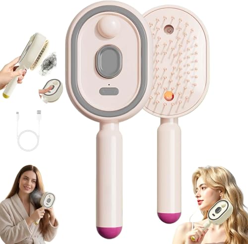 Brosse à vapeur électrique, fer à lisser à vapeur rechargeable avec spray, peigne démêlant antistatique 3 en 1 et massage à coussin d'air, outil de coiffure portable sans fil (Rose)