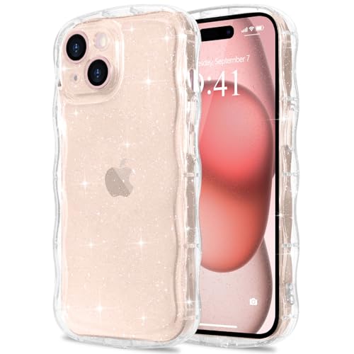 Pepmune iPhone 15 用 ケース キラキラ ラメ クリア カバー 韓国 かわいい 可愛い ウェーブ 透明 軽量 耐衝撃 人気 シンプル 滑り止め 