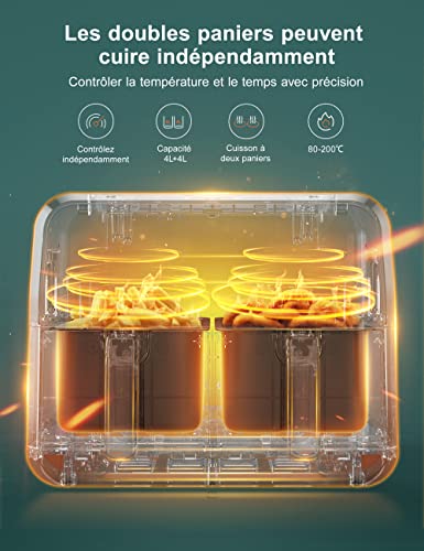Friteuse Sans Huile Dual Zone, 8L Air Fryer avec 8 Programmes, Friteuse à Air XXL avec Double Panier, Airfryer Écran Tactile LED, Recettes Françaises – Image 5