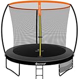 Montage universel : le trampoline de jardin dispose d'une protection complète avec une entrée équipée d'une fermeture éclair robuste, d'une poche latérale et de deux verrous de sécurité de qualité supérieure. Cela rend le trampoline d'extérieur particulièrement sûr et vous offre une expérience de saut sans souci. L'installation du trampoline est facile et simple grâce au design enfichable et aux accessoires de montage.