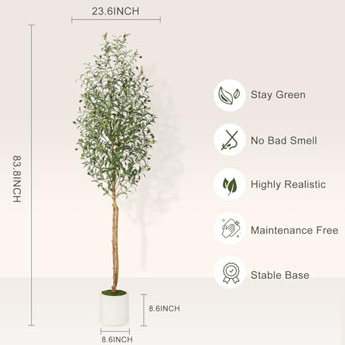 GarveeHome Faux Olive Tree 7ft,Tall Artificial Tree Indoor with 2 Natural Wood Trunks, Fake Plants Potted in White Planter, Floor Plants for Living Room House Decor,1PCS