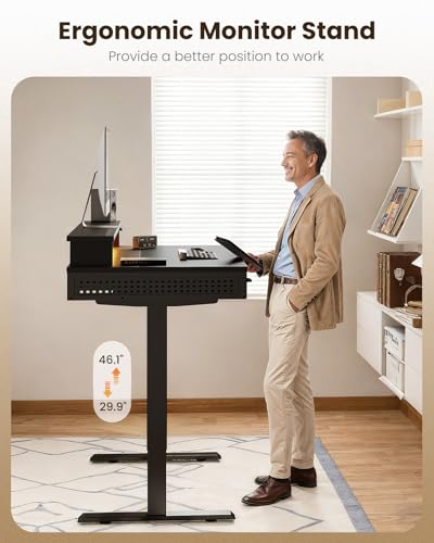 Image of OffiGo Electric Standing Desk with 3 Wooden Drawers, 48 Inch Height Adjustable Desk with Power Outlets & LED Lights, Black Sit Stand Table with Monitor Stand for Home, Office, Workstation
