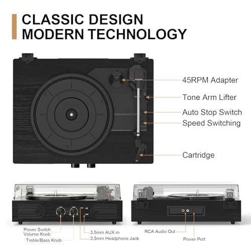 Image of Vinyl Record Player with Built-in Speakers 3-Speed Vintage Record Player Support Treble& Bass Control, 3.5mm Headphone Jack, RCA-Out /Aux in, Belt-Driven LP Turntable,Black Wood