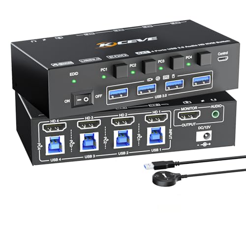 HDMI KVM Switch with Audio, 4 Ports KVM Switcher 8K@60Hz, with EDID Emulator for 4 Computers Share...