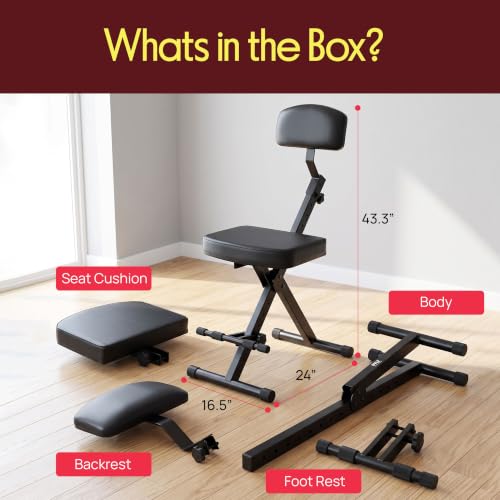 Image of Pyle Drum Throne - Guitar Stool, Foldable & Portable Chair w /Backrest & Footrest, Adjustable Music Stool for Adults, Padded Cushioned Seat & Back