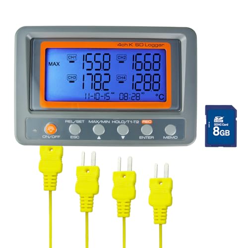 Gain Express Grabador de datos de temperatura de termopar de 4 canales con tarjeta SD de alta precisión con pantalla LCD grande y alarma