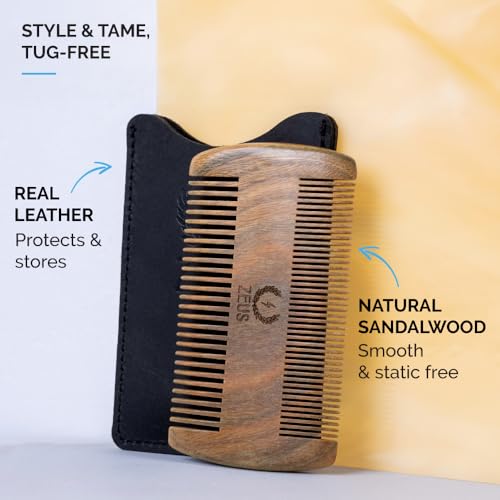ZEUS Organic Sandalwood Double-Sided Beard Comb with Genuine Leather Sheath - R31 - Image 3