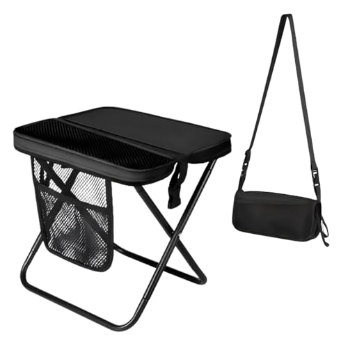 Image of Portable Folding Stool - 16 inch Tall Collapsible Backpack Stool with Storage Pouch, Hands-Free Carry & Supports 300 lbs, Ultralight for Hiking, Fishing, Camping, Festivals (Black, Large)