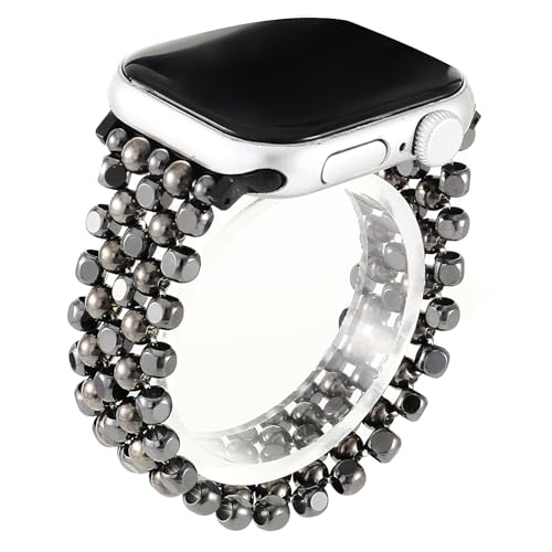 SWEETAXI Metal Elastic Watch Band, Designer Beaded Strap Compatible with Apple Watch Series Ultra/11/10/9/8/7/SE/6/5/4/3/2/1, 38-49mm, Silver (glossy black, 38/40/41/42mm(Series11/10))