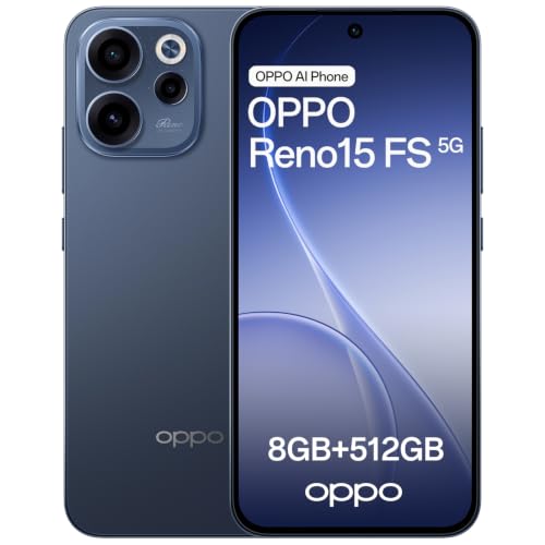 OPPO Reno15 FS 5G Smartphone Android, 8+512GB, Pantalla 6.57' 120Hz, Cámara Ultra Gran Angular 50MP FOV 100°, AI Portrait Glow, Batería 6500mAh, IP69, Carga Flash 80W SUPERVOOC, Twilight Blue
