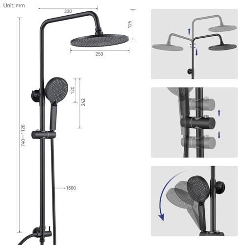 Auralum Regendusche ohne Armatur, Schwarz Duscharmatur mit Ø 250 mm Runder Regendusche, 4 Strahlarten Duschkopf und Höhenverstellbarer Duschstange, Duschsystem ohne Armatur ideal zum Nachrüsten