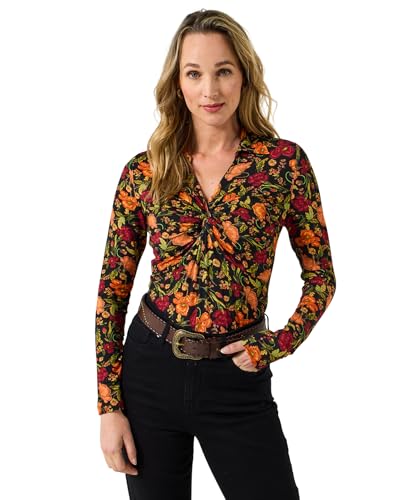 Joe Browns Women's Floral Twist-Front Collared Jersey Top, Regular, Orange, UK 16