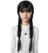RightOn Black Braided Wig Girls Kids Long Straight Black Braided Wig with Bangs Halloween Party Wig