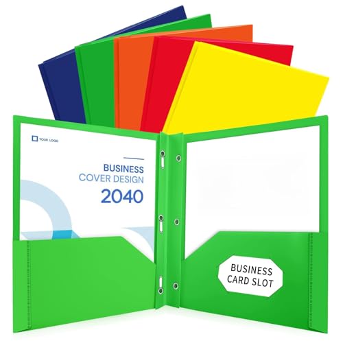 Two-Plastic Pocket Folder with 3 Prongs,Heavy Duty, Letter Size,Colored File Folder with Business Card Slot, File Fasteners, for Organizing Papers in School, Office & Business,5 Pack