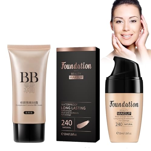 Moisturizing Liquid Foundation, Base De Maquillaje Fluida Hidratante De Larga Duración, Textura Sedosa, Incluye Una BB Cream a Juego Para Un Aspecto Natural (Natural, 30ml)