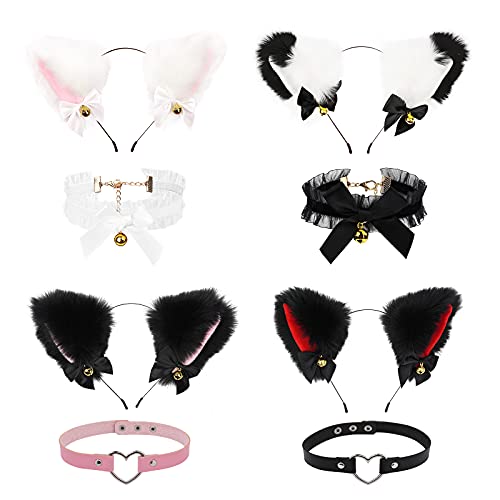 8PCS Cat Fox Faux Fur Ears Headband Cosplay Plush Furry Cat Ears Headwear with Choker Necklace Halloween Cosplay Costume Party Hair Accessories Hairbands for Women Adult