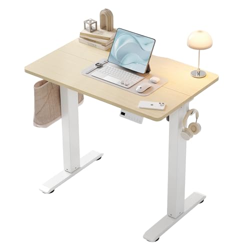 Image of YDN 32 inch Small Electric Standing Desk Adjustable Height, Sit Stand up Desk with Memory Presets & Cable Management, Home Office Desk for Office & Computer Workstation, White Frame /Nature Top