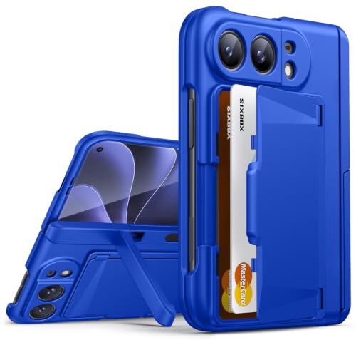 Image of for iPhone 16 Case with Card Holder, Built-in Stand & Camera Lens Cover, Shockproof Rugged Silicone Raised Edge Protective Multifunctional Wallet Phone Case Cover for iPhone 16 6.1 inch 2024, Blue