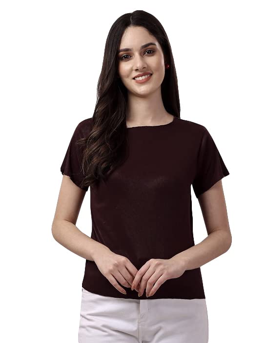 Image of Pujia Mills Women's Casual Round Neck Lycra Short Sleeve Plain Burgundy Regular Fit Top. (PC Regular Fit Tops 33)