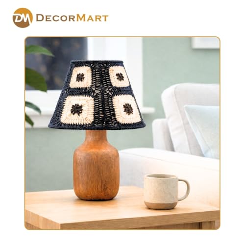 Image of The Decor Mart Crochet Shade Table Lamp with Wooden Base|Sleek Decor Decorative Beside Light for Desk,Bedroom, Living Room, Home Office and Hotel(20x20x30 cm) (Navy Blue)