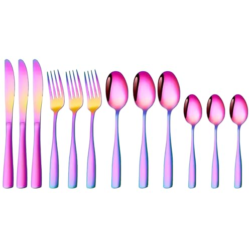 Image of aDai Rainbow Silverware Set, Satin Finish | 12-Piece Stainless Steel Flatware Set | Dishwasher Safe Kitchen Cutlery for Home, Restaurant & Gifting