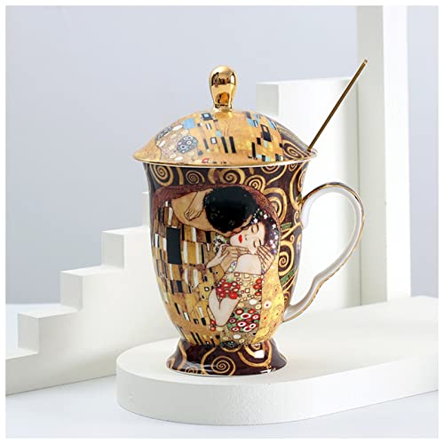蓋付きコーヒーカップとスプーン付きボーンチャイナアンティーククリムト絵画蓋付きティーカップ高級ギフト