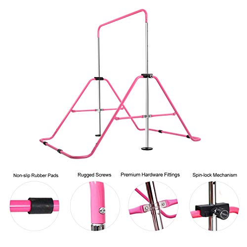 BEEYEO Kids Gymnastics Bar for Home Expandable Adjustable Height Junior Gymnastic Equipments Horizontal Bars Training Kip Bar Equipment for Home/Floor/Practice/Gymnastics (Pink)