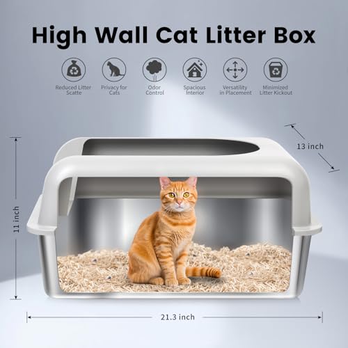 Enclosed Stainless Steel Cat Litter Box with Scroop&High Wall - Extra Large Metal Litter Box Stainless Steel for Big Cats,Non-Sticky, Anti-Leakage (Gray)