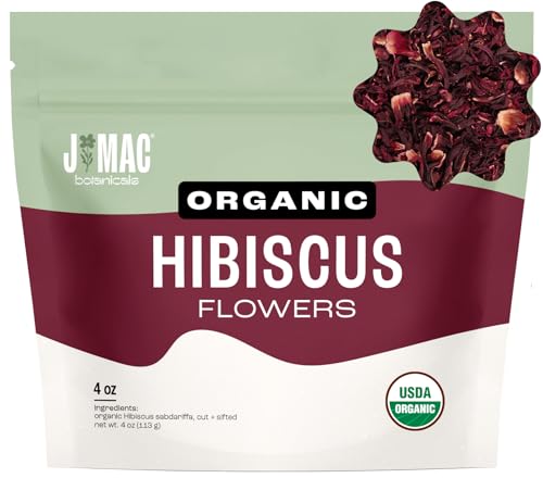 J Mac Botanicals, Organic Hibiscus Flower (4 ounce), Hibiscus tea, cut &amp; sifted flowers, dried from Egypt, herbal tea leaves, Flor de Jamaica, edible