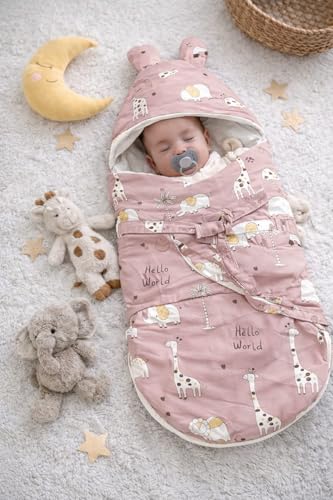 Image of VoiDrop Baby Swaddle Wrap for Newborn 0 to 9 Months, Baby Sleeping Bag for new Born with Hood, Cotton Swaddle for All Season (Animal Print-Pink)