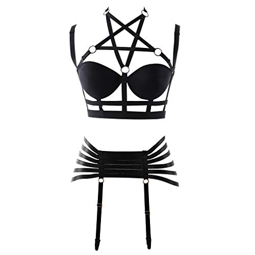 Arnés de cuerpo completo Sujetador Liga Pentagrama Set jaula Mujeres Punk Gótico Lencería Festival Rave Fotografía Accesorios de danza Más tamaño (Negro-O0208+P0178)