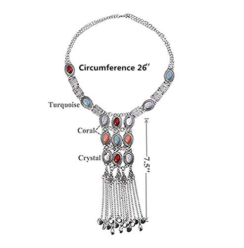 Turquoise Long Boho Bohemian Statement Ethnic Tribal Necklace For Women Vintage Retro Rhinestone (Silver) #TOP2