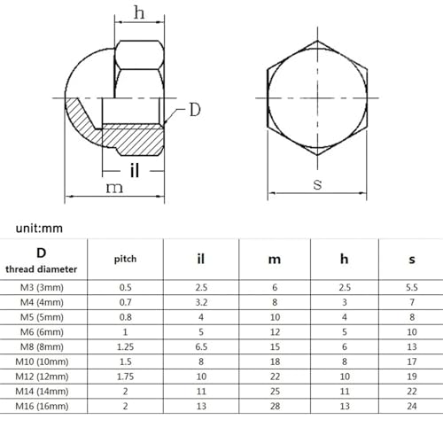Écrous hexagonaux à capuchon M16 en acier inoxydable 304 pour assemblages durables