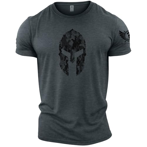 GYMTIER Spartan Forged - Spartan Helmet Hex Camo - Men's Gym T-Shirt Bodybuilding Training Workout Lifting Top Clothing, Grey, 4XL