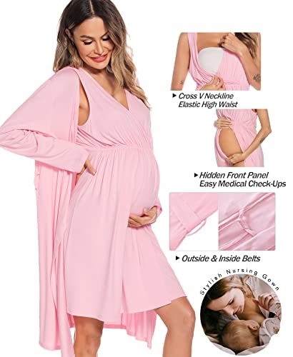 Image of SWOMOG Women Maternity Nursing Gown and Robe Set 3 in 1 Labor Delivery Nursing Nightgown for Breastfeeding Hospital Bathrobe