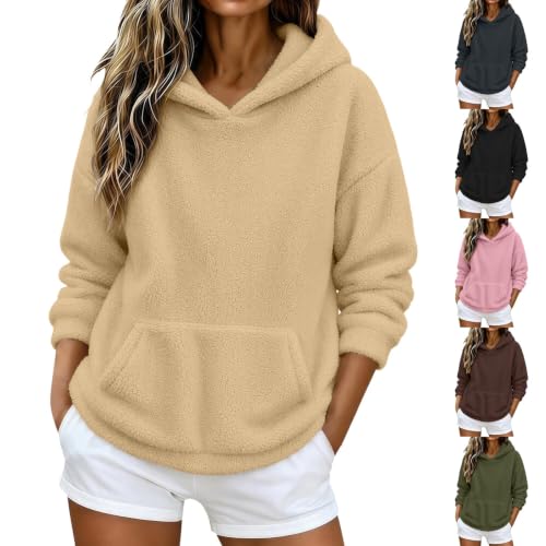 Fuzzy Hoodies for Women Plush Casual Comfy Sweatshirt Beige - image 1