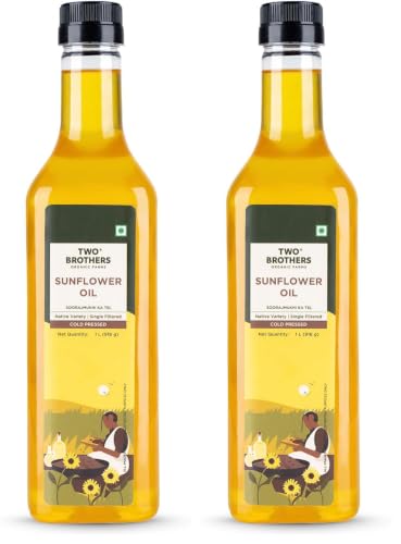 Image of Two Brothers Organic Farms India's Only Certified Glyphosate Free Sunflower Oil I Cold-Pressed (1L) | Rich in Omega-6 & Natural Antioxidants | Pure, Single-Filtered | Ideal for Frying, Sauteing & Tadka