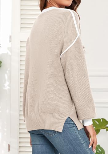 Image of WEACZZY Sweaters for Women 2025 Fall Crew Neck Long Sleeve Color Block Oversized Sweaters Ribbed Knit Side Slit Pullover Tops Apricot L