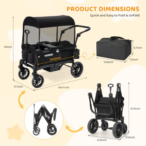 Image of ELEMARA Stroller Wagon, 2 Seat Stroller for 2 Kids, Premium All Terrain Stroller for Kids w /Removable Canopy, Adjustable Push /Pull Handle, Large Storage Bag, Black