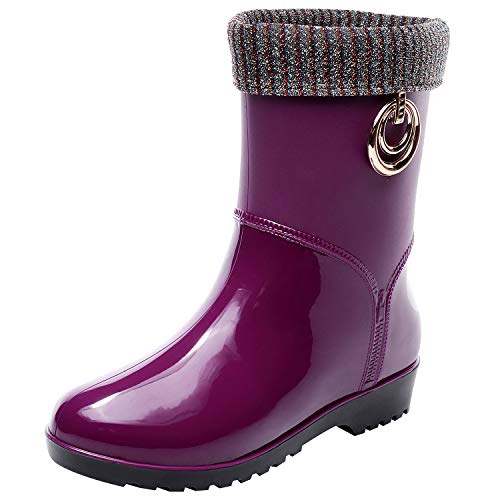 ANUFER Mujer Elegante Punta Redonda Mitad de la Pantorrilla Botas de Lluvia con Forro de Pelusa Desmontable Morado SN021240 EU38.5 Cover